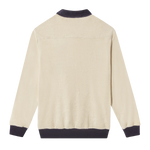 Backside of long-sleeve terry cloth 'Blubber' Cabana, featuring beige terry cloth with dark blue collar and cuffs. 