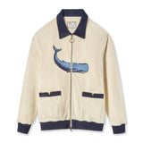 Full-zip long sleeve cabana shirt in beige with a contrast navy collar and cuffs featuring an embroidered whale on the front. 