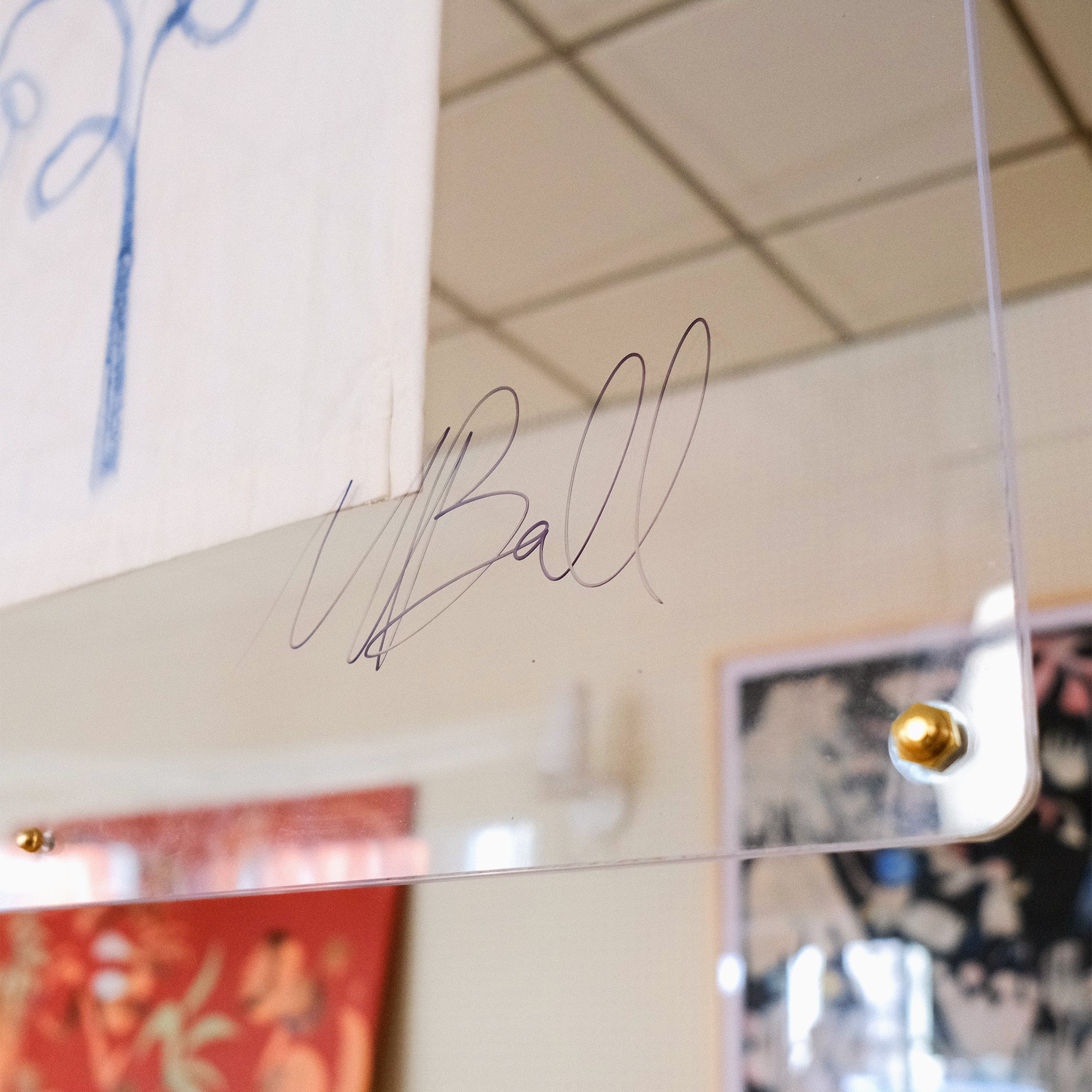 Close-up image of artist Mary Ball's signature on the glass case displaying her art.