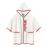 White hooded terry cloth beach towel top with short sleeves, red trim, front pockets, and vertical red 'Whaler' text along the zipper.