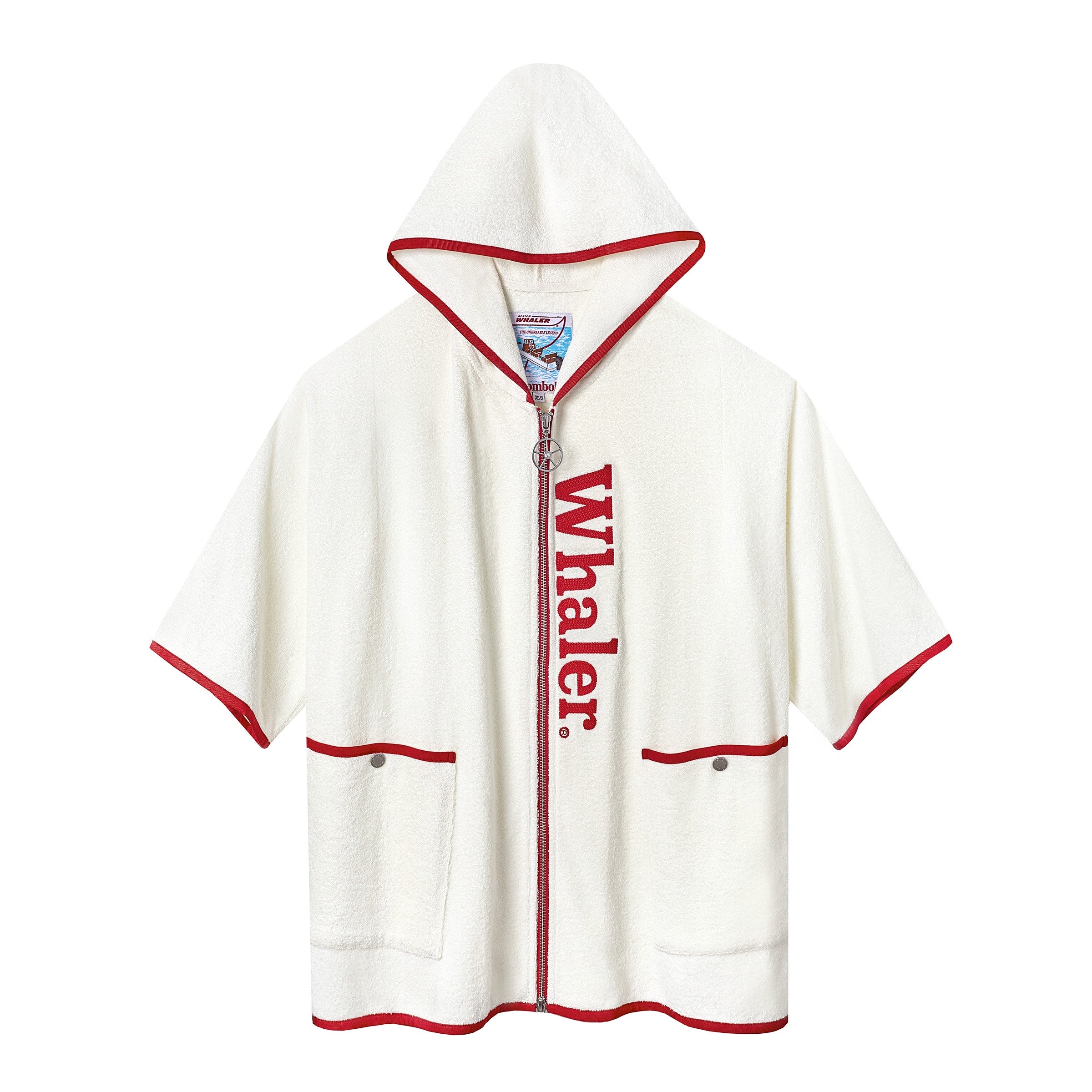 White hooded terry cloth beach towel top with short sleeves, red trim, front pockets, and vertical red 'Whaler' text along the zipper.