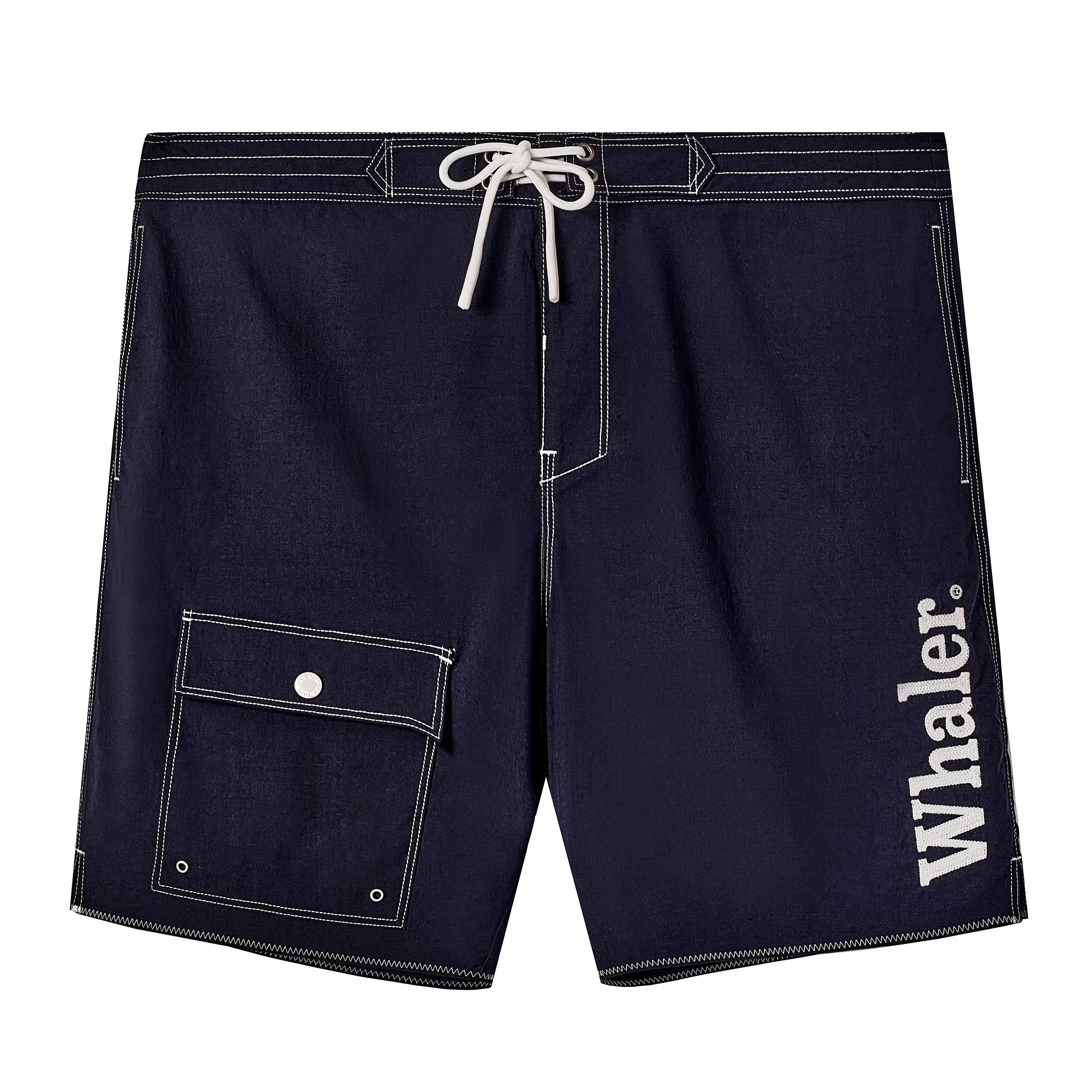Navy board shorts with white contrast stitching and a white drawstring at the waist. Features a flap cargo pocket on the wearer’s right leg and white embroidered text reading 'Whaler' on the wearer’s left leg.