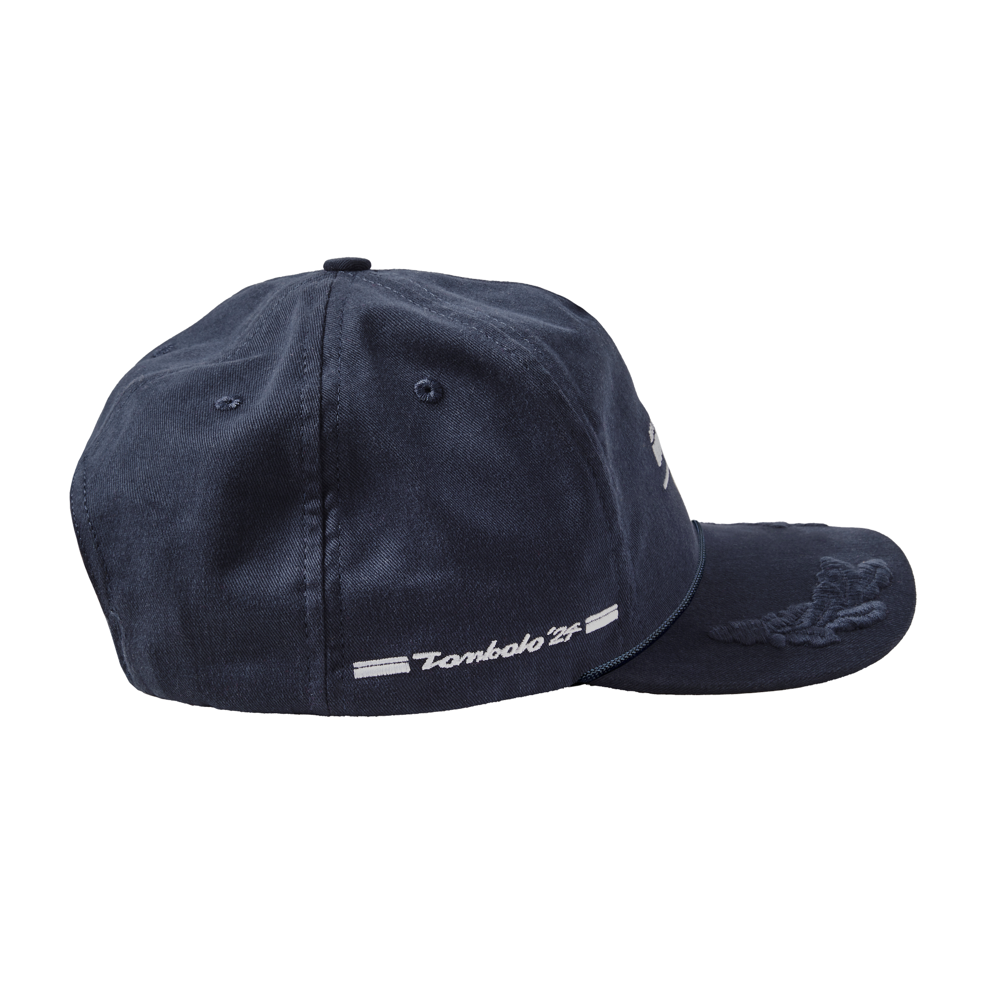 Side view of Boston Whaler Cap, and the right side of hat features  the text “Tombolo '24” flanked by two white stripes.