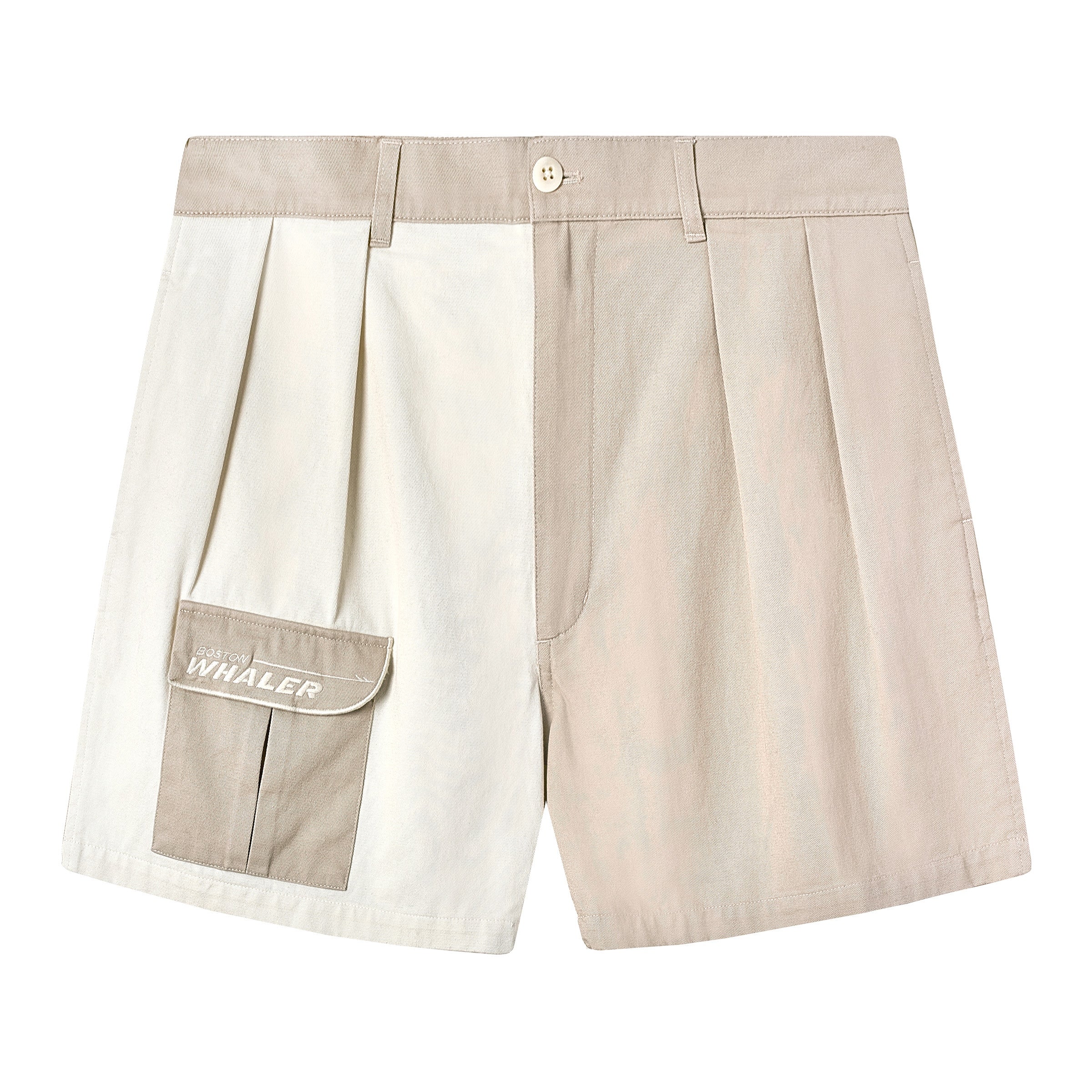 Two-tone pleated shorts in khaki and off-white, featuring a flap pocket on the wearer's right leg with a white 'Boston Whaler' embroidered logo. 