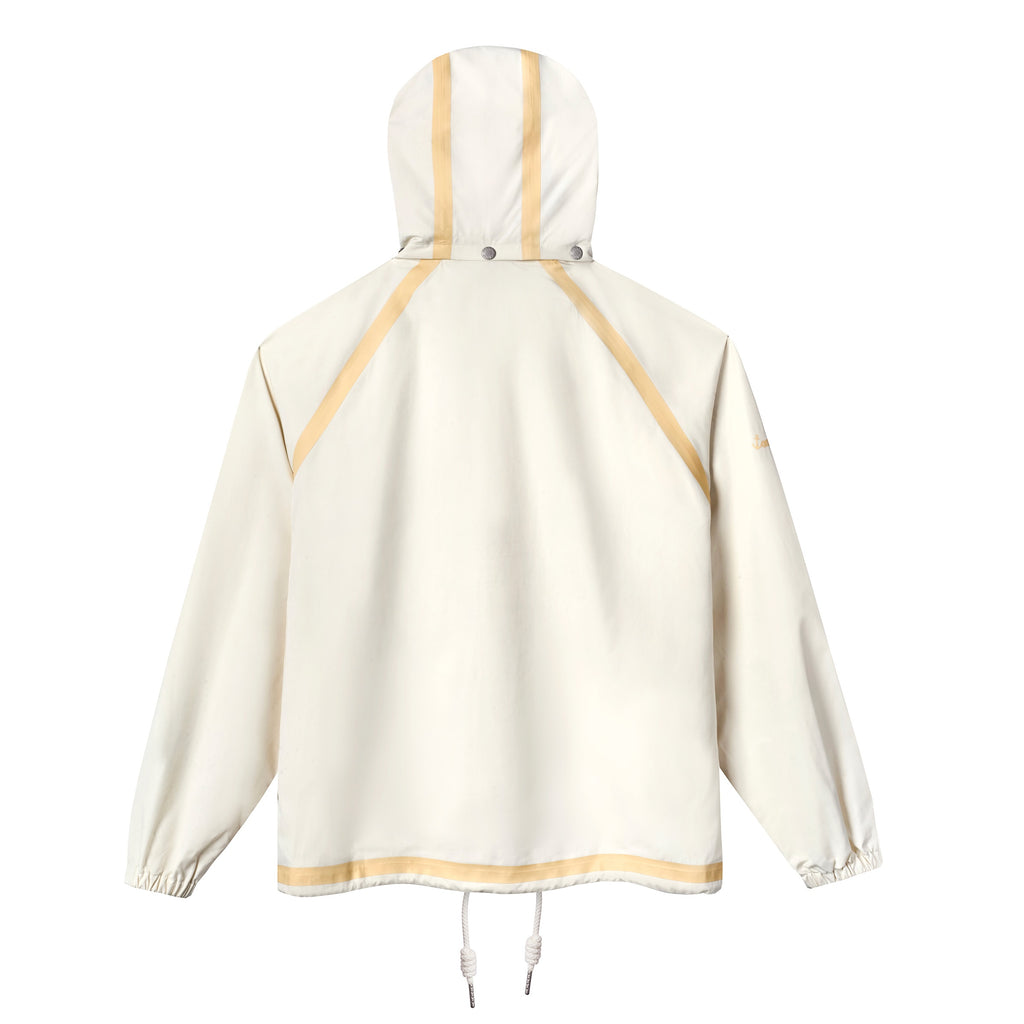 Back view of a cream hooded jacket with tan trim along the seams and hem. The hood features matching vertical tan accents and a drawcord at the waist for adjustability.