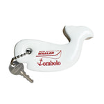 White whale-shaped key float with a metal ball chain and key attached. Red text on the float reads 'Boston Whaler' and 'Tombolo' with an anchor detail.