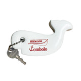 White whale-shaped key float with a metal ball chain and key attached. Red text on the float reads 'Boston Whaler' and 'Tombolo' with an anchor detail.