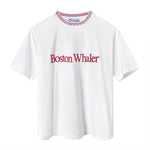 White cotton t-shirt with red embroidered text reading 'Boston Whaler' across the chest and a red-and-white embroidered neckline detail.