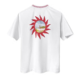 Back of a white t-shirt featuring chain-stitched sunburst artwork framing a printed vintage photo of a woman on a boat, and a ribbed neckline with red details. 
