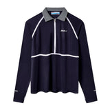 Navy long-sleeve sun shirt with white piping across the chest and down the sleeves. Features a striped collar, quarter zip front, and white embroidered text reading 'Whaler' on the left chest. 'Tombolo' is embroidered on the right sleeve cuff and 'UPF 50+' on the left cuff.
