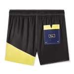 Backwards-facing product image of the 'Boston Whaler' swim trunks that showcase the signature v-slit tombolo back pocket. 