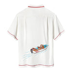 Backside of white short-sleeve terry cloth zip-up shirt with  red contrast stitching and a boat illustration across the back.