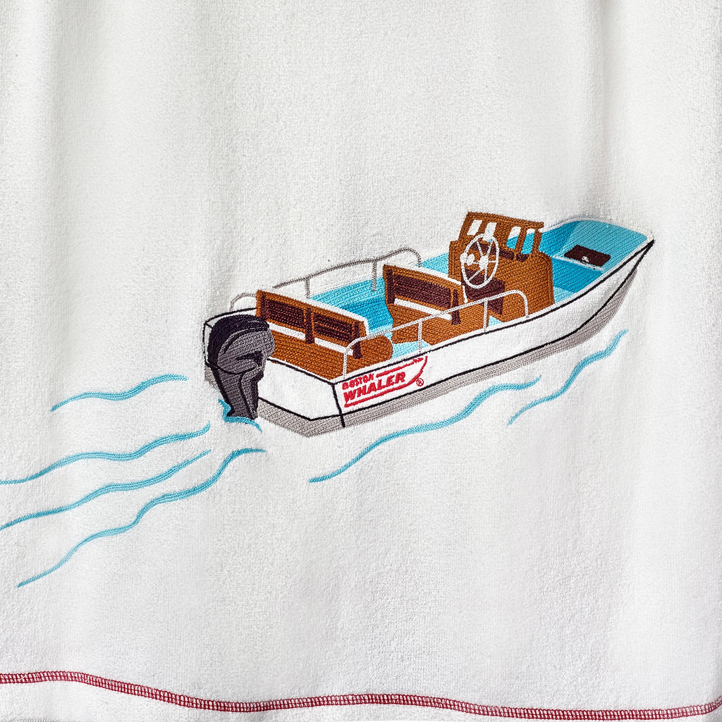 Close-up of the Chain stitched Boston Whaler boat embroidery on back.