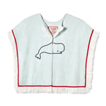 Front-facing product image of the 'Boston Whaler' Hand Towel Top made of 100% organic terry cloth that features a chain stitched sperm whale and blowhole spouts, tacked down lapels with fringe forming spout, custom 'Tombolo & Boston Whaler' woven interior label secured with zig-zag sail stitch, two additional concealed hook-and-eye closures that can be fastened shut to prevent the front panels from fluttering open, the shoulders are cupped with a hidden seam, red edge-binding with white fringe.
