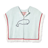 Front-facing product image of the 'Boston Whaler' Hand Towel Top made of 100% organic terry cloth that features a chain stitched sperm whale and blowhole spouts, tacked down lapels with fringe forming spout, custom 'Tombolo & Boston Whaler' woven interior label secured with zig-zag sail stitch, two additional concealed hook-and-eye closures that can be fastened shut to prevent the front panels from fluttering open, the shoulders are cupped with a hidden seam, red edge-binding with white fringe.