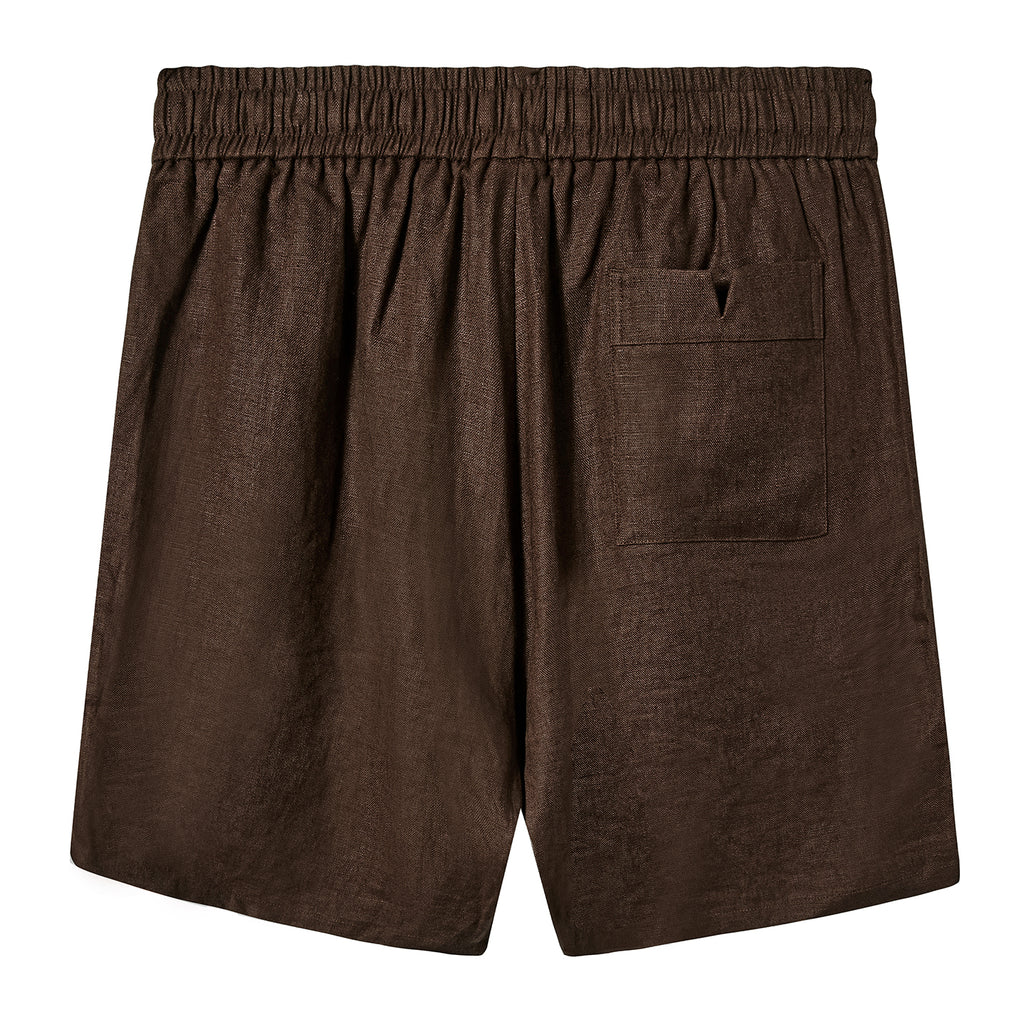 Flat image of the backside of the brown linen shorts, featuring pocket on wearer's right side, with the classic Tombolo "V" Pocket.