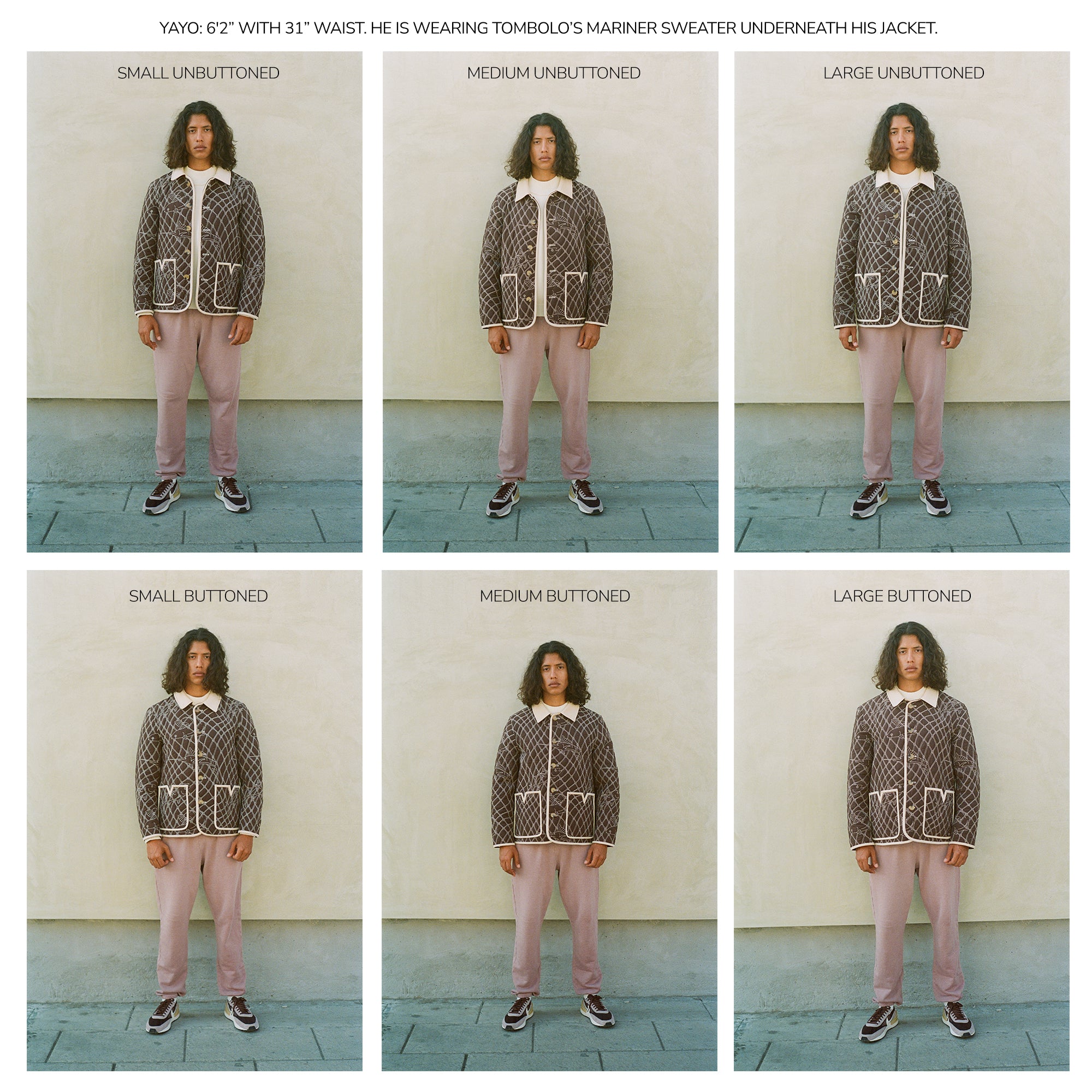 Man wearing quilted jacket in size small to Large to demonstrate sizing