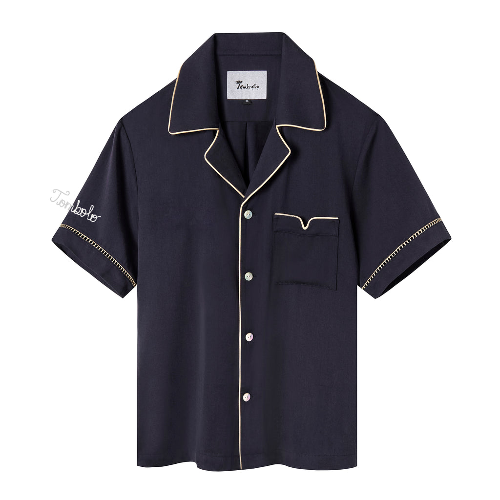 Navy short-sleeved Tencel twill shirt with a relaxed collar, beige piping, and Agoya shell buttons, customizable with embroidery.