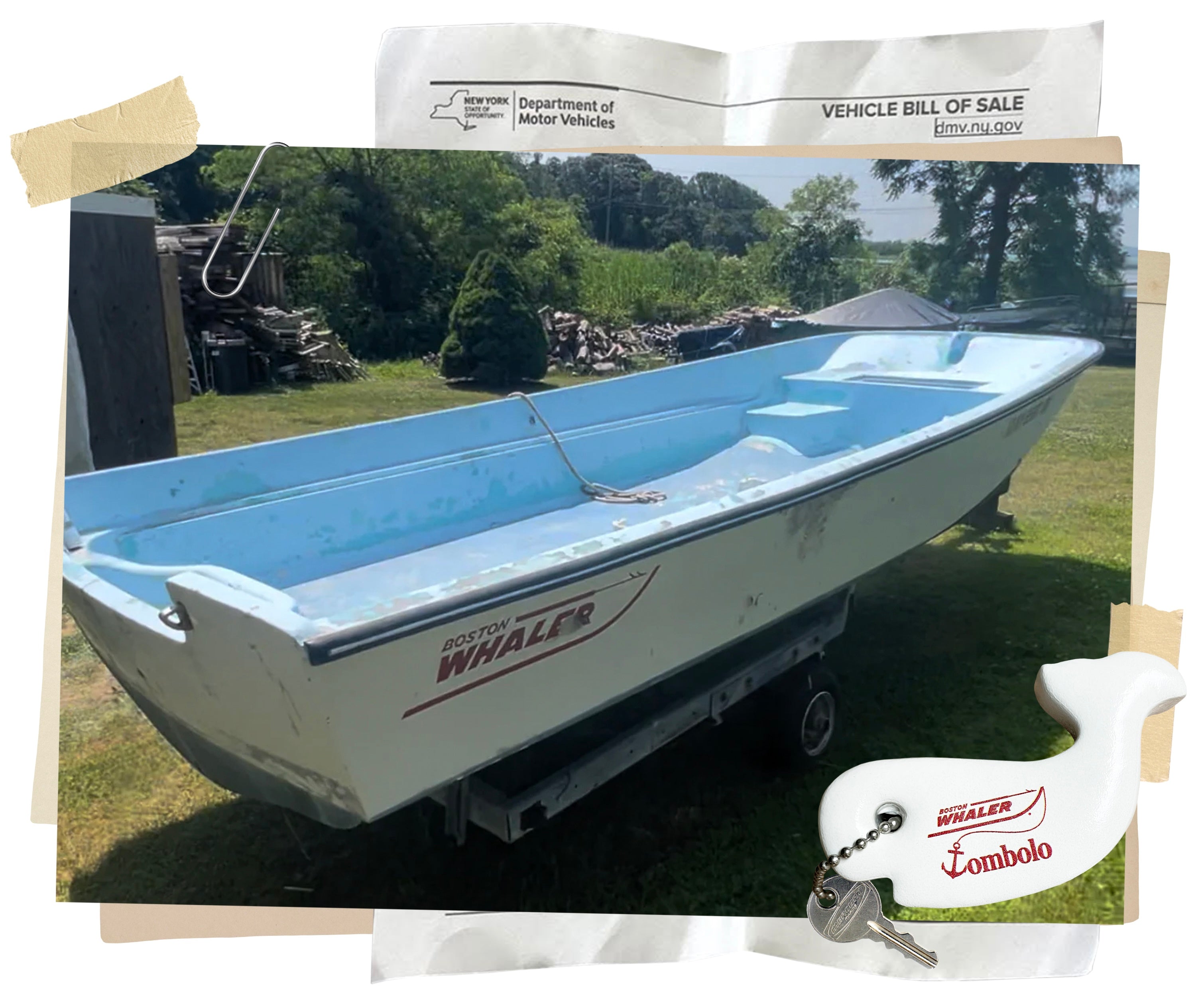 Boston Whaler boat on a grassy area with a bill of sale document above it.