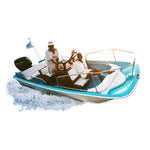 Blue and white boat with people on a white background