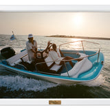 Two people on a boat in the water with a scenic background