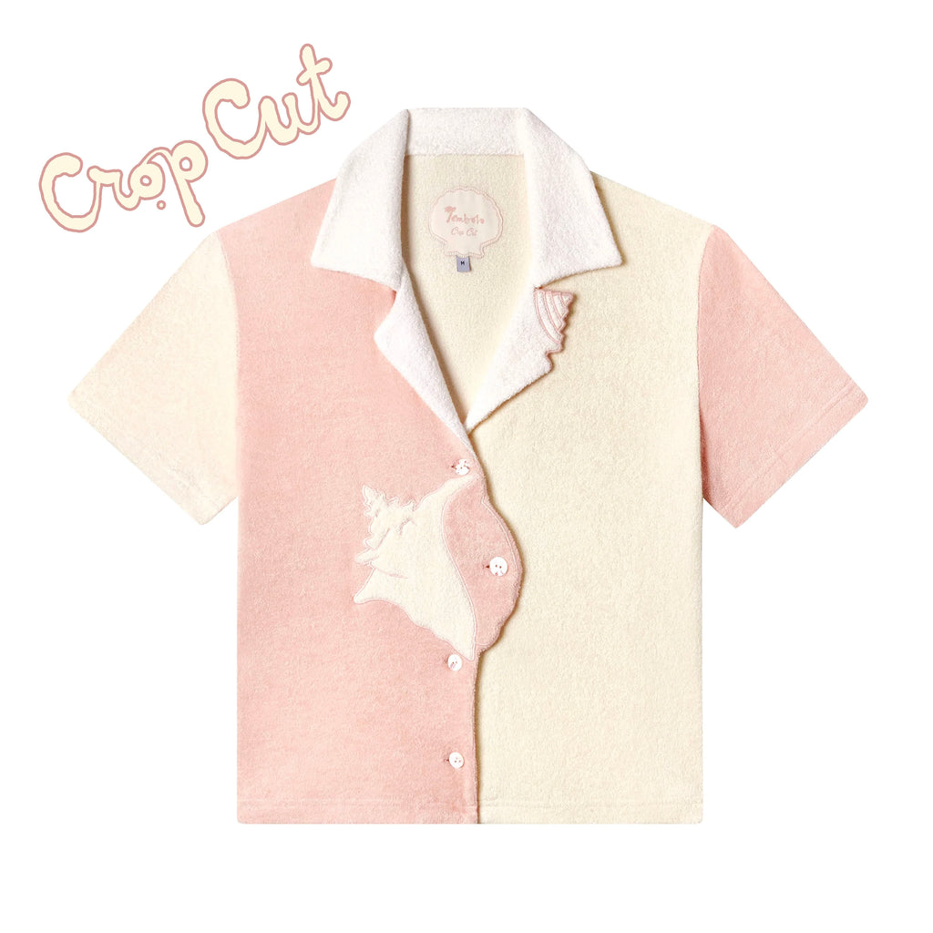 Tombolo conched out terrycloth crop cut shirt in coral pnk and beige with seashell shaped lapel and embroidered conch