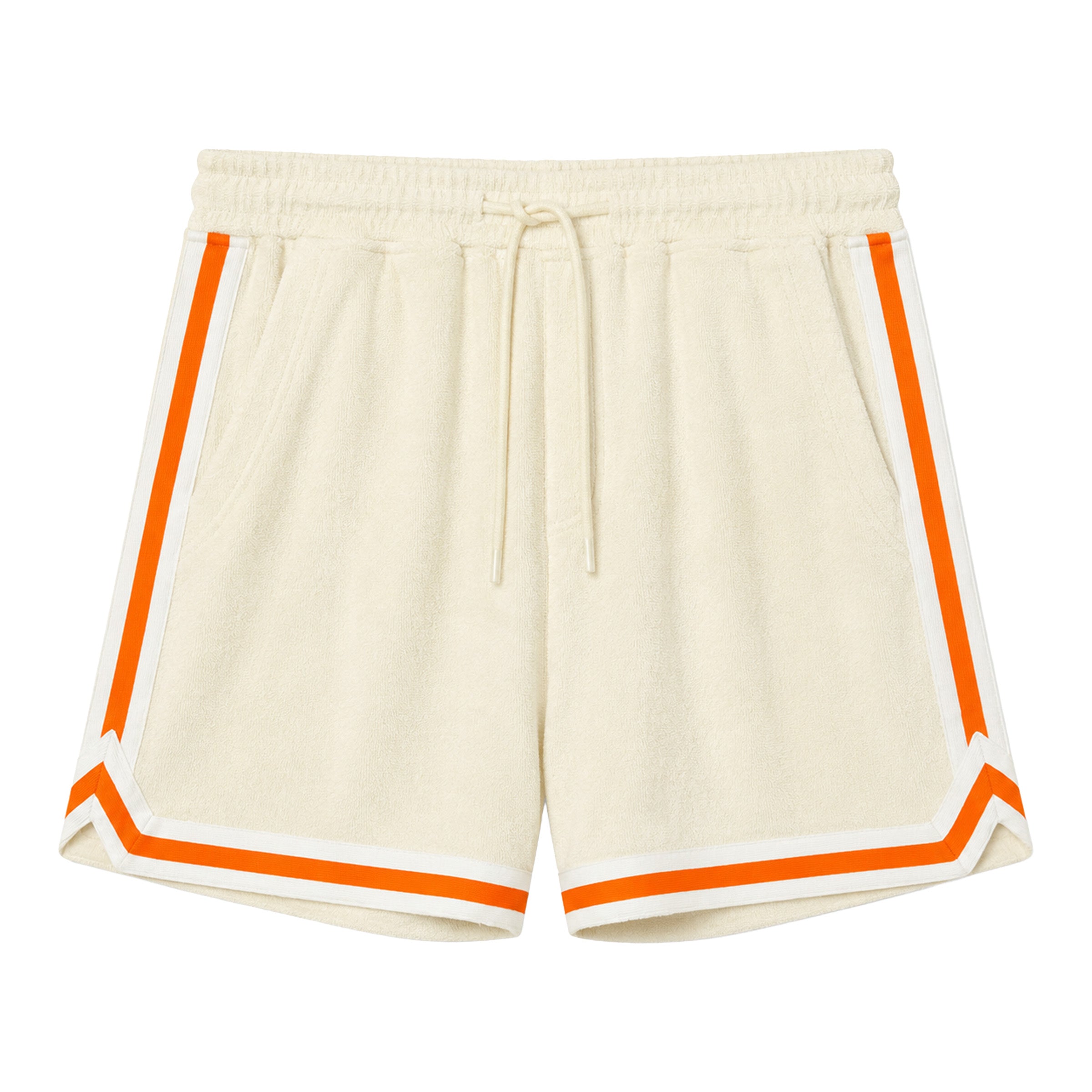 Beige shorts with white and orange varsity tape bordering the leg openings and sides of legs.