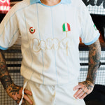Close-up of Una Pizza owner wearing the Una Pizza Jersey. 