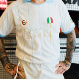 Close-up of Una Pizza owner wearing the Una Pizza Jersey. 