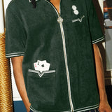 Close up of male model wearing Green Terry Cloth Cabana Shirt, with right hand in pocket. His face is cutout of this image.