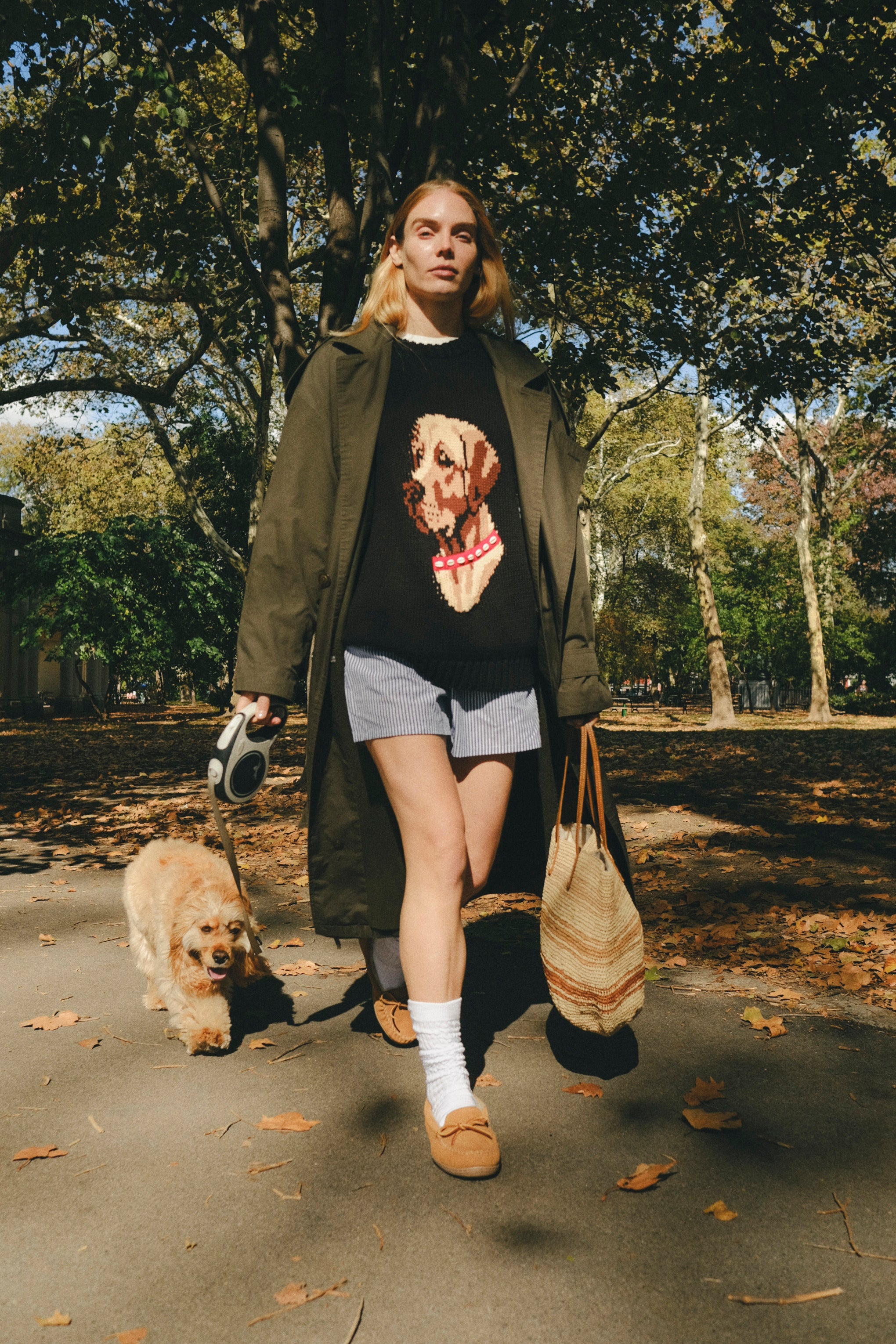Woman wearing a black knit sweater with an intarsia dog portrait on the front and a red collar detail, walking a dog through the park.