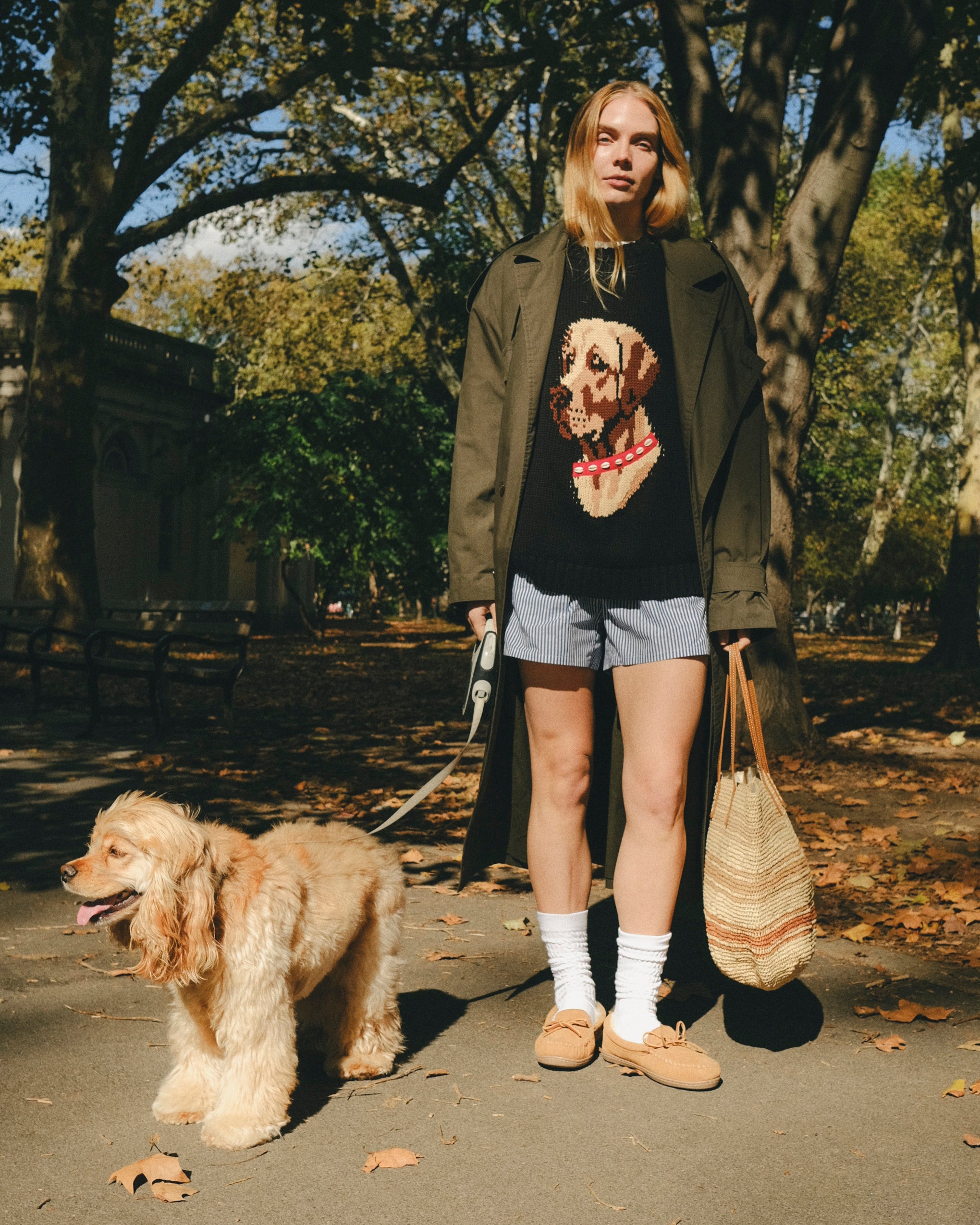 Woman wearing a black knit sweater with an intarsia dog portrait on the front and a red collar detail, walking a dog through the park.