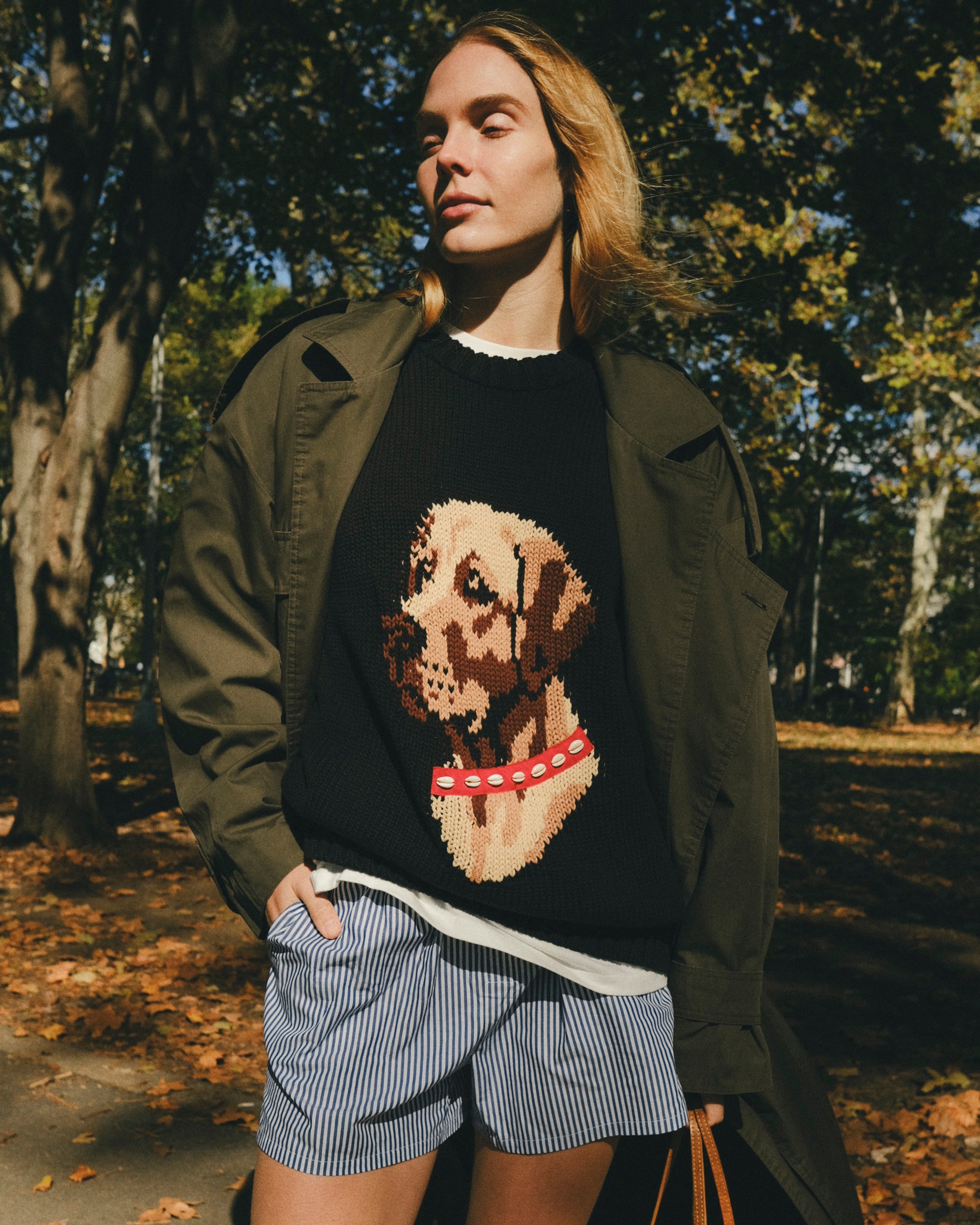 Woman wearing a black knit sweater with ribbed collar, cuffs, and hem, featuring an intarsia dog portrait on the front wearing a red collar with white shell details.