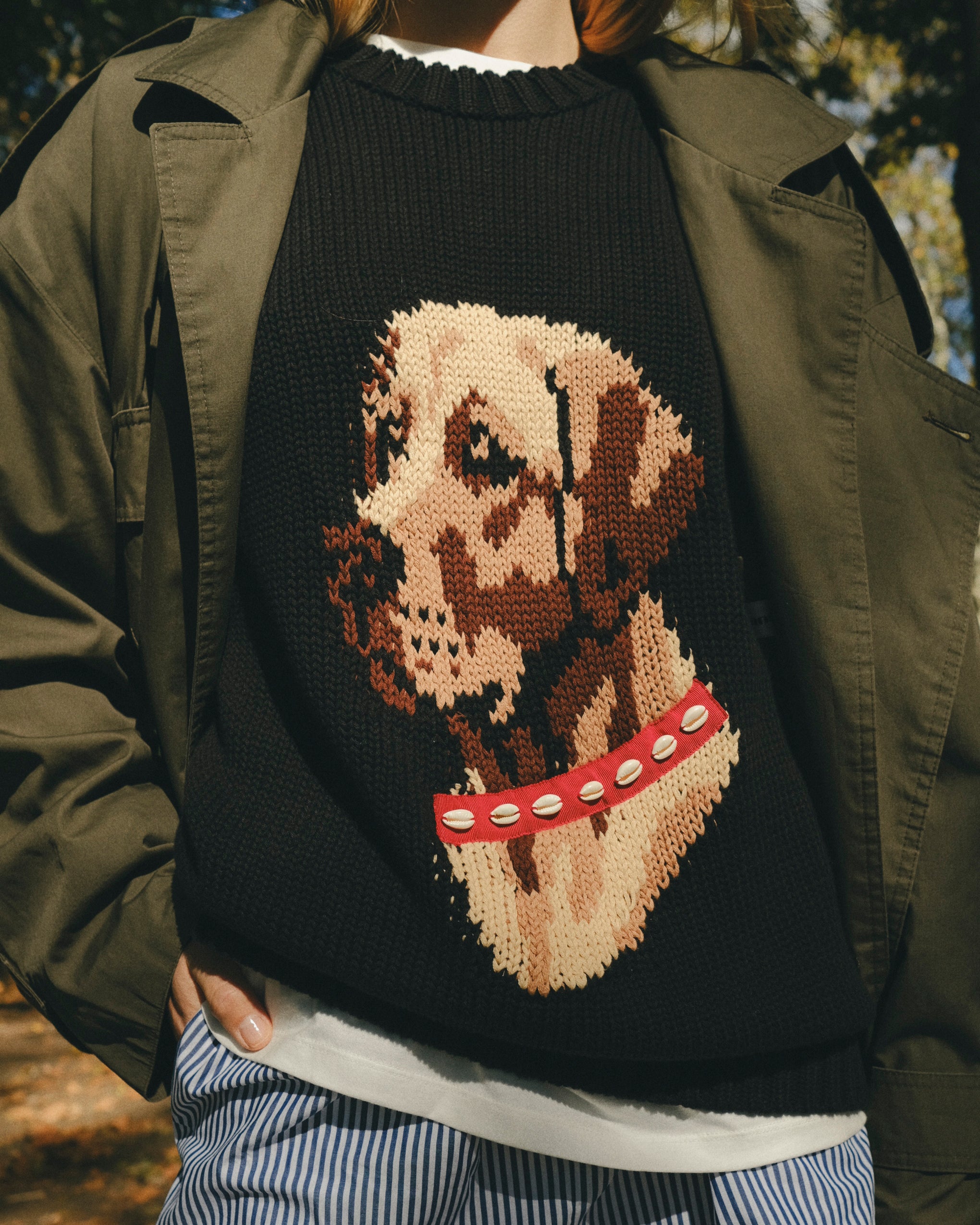 Close-up of black knit sweater featuring an intarsia dog portrait on the front wearing a red collar with white shell details.