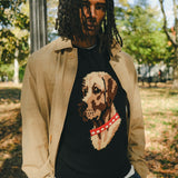 Man wearing a black knit sweater with ribbed collar, cuffs, and hem, featuring an intarsia dog portrait on the front wearing a red collar with white shell details.