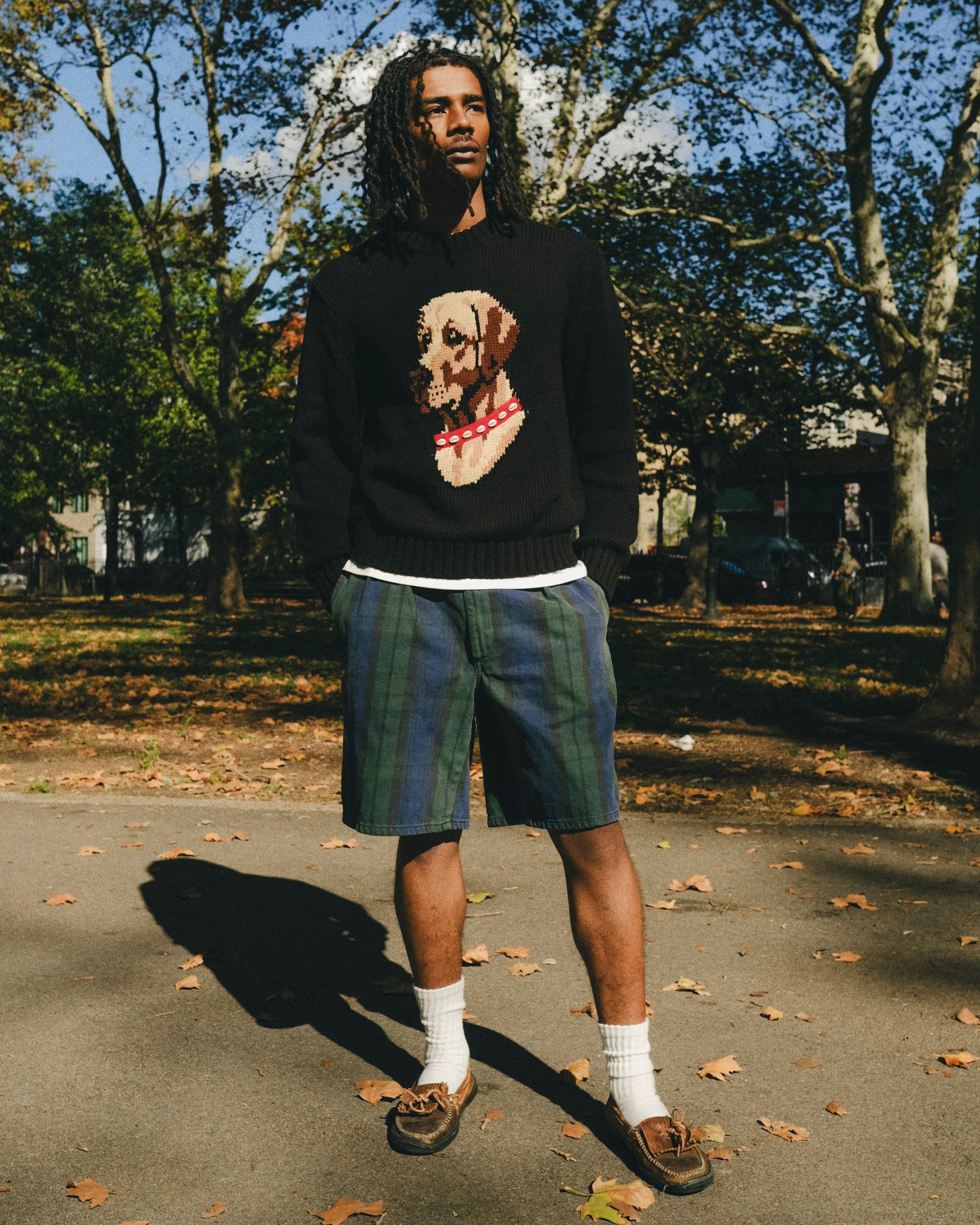Man wearing a black knit sweater with an intarsia dog portrait on the front and a red collar detail.