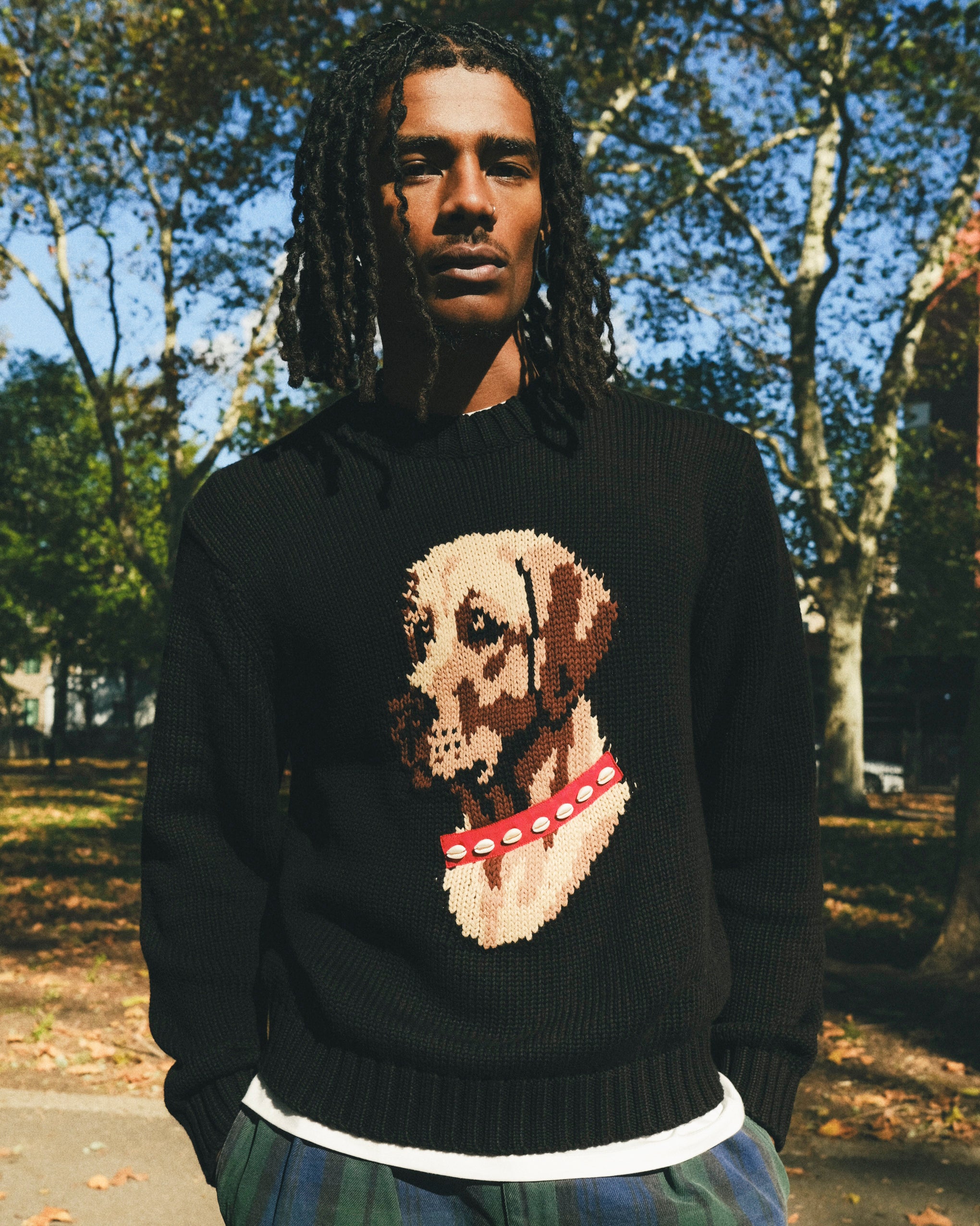 Man wearing a black knit sweater with ribbed collar, cuffs, and hem, featuring an intarsia dog portrait on the front wearing a red collar with white shell details.