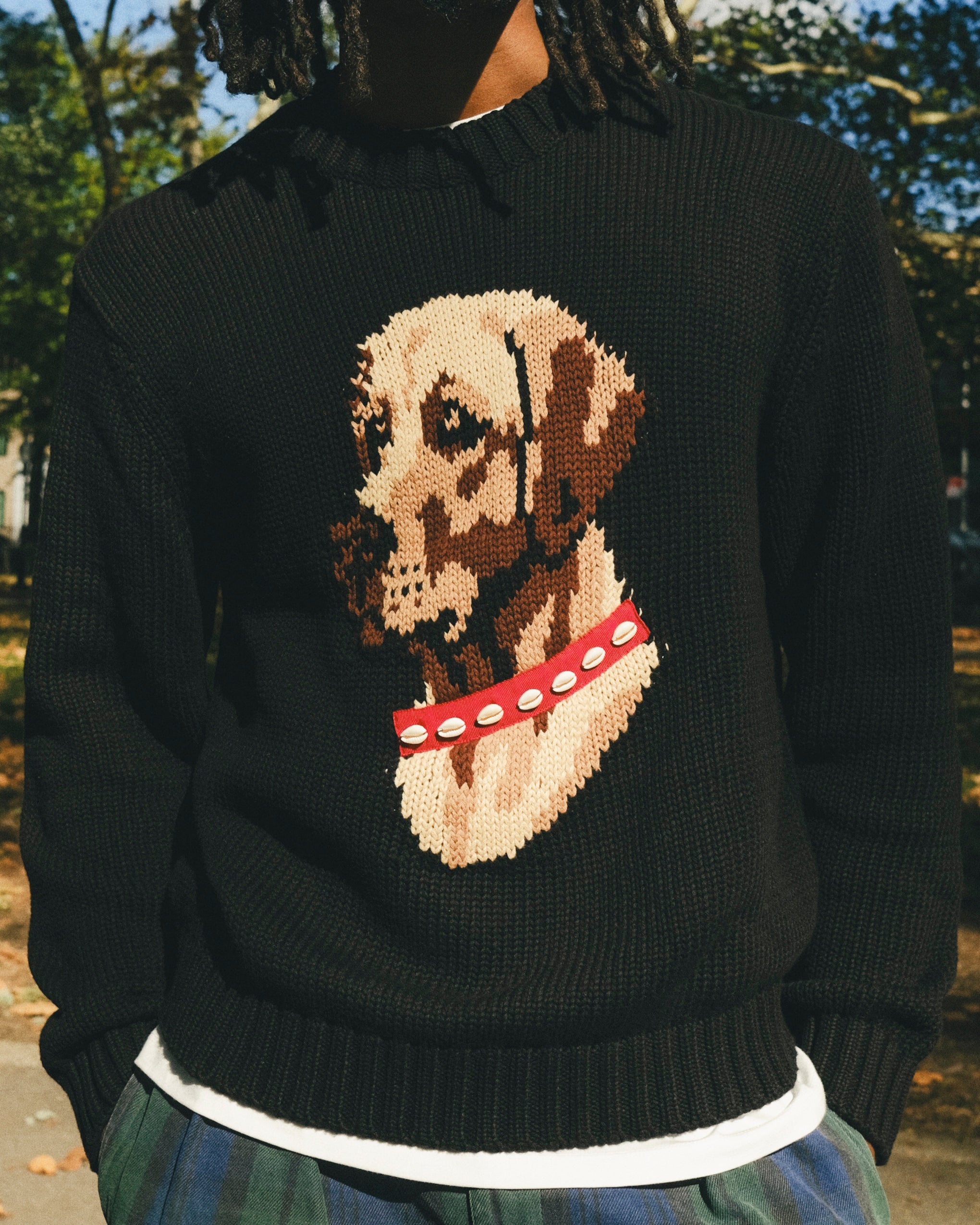 Man wearing a black knit sweater with ribbed collar, cuffs, and hem, featuring an intarsia dog portrait on the front wearing a red collar with white shell details.