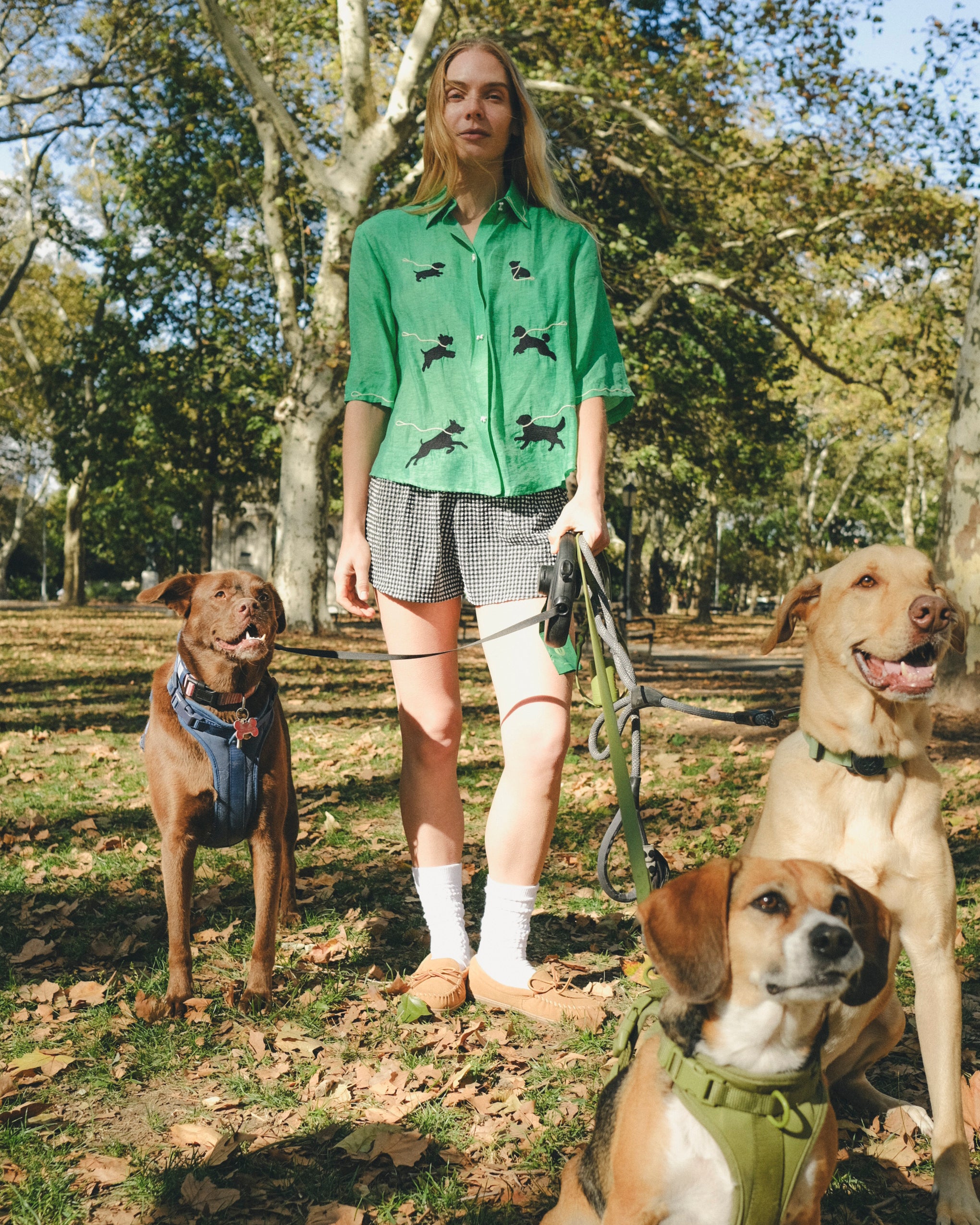 Woman wearing a green cropped cabana shirt with black dog silhouettes and white leash embroidery, standing with three dogs on leashes.