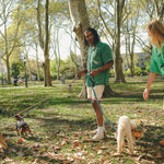 Two people walking dogs in a park on a sunny day, wearing green cabana shirts. 