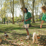 Two people walking dogs in a park on a sunny day, wearing green cabana shirts. 