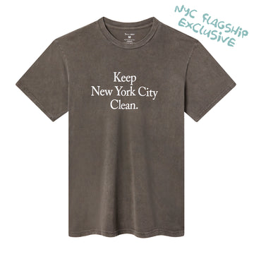 Gray Tombolo x DSNY tee shirt. NYC Flagship Exclusive tag in top right corner. Tee shirt reads 'Keep New York City Clean'  
