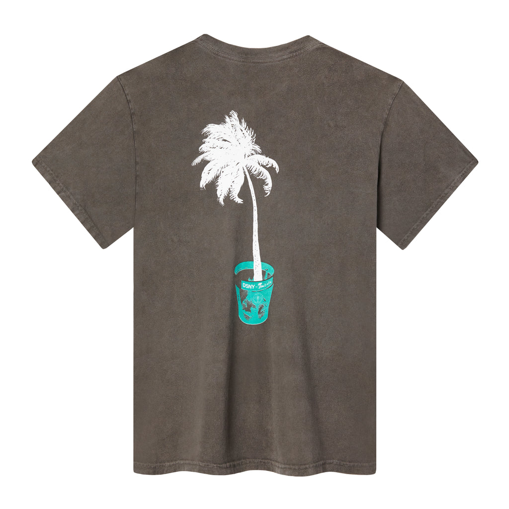 Back of Gray DSNY x Tombolo tee shirt. Features a graphic of a palm free in a trash can 