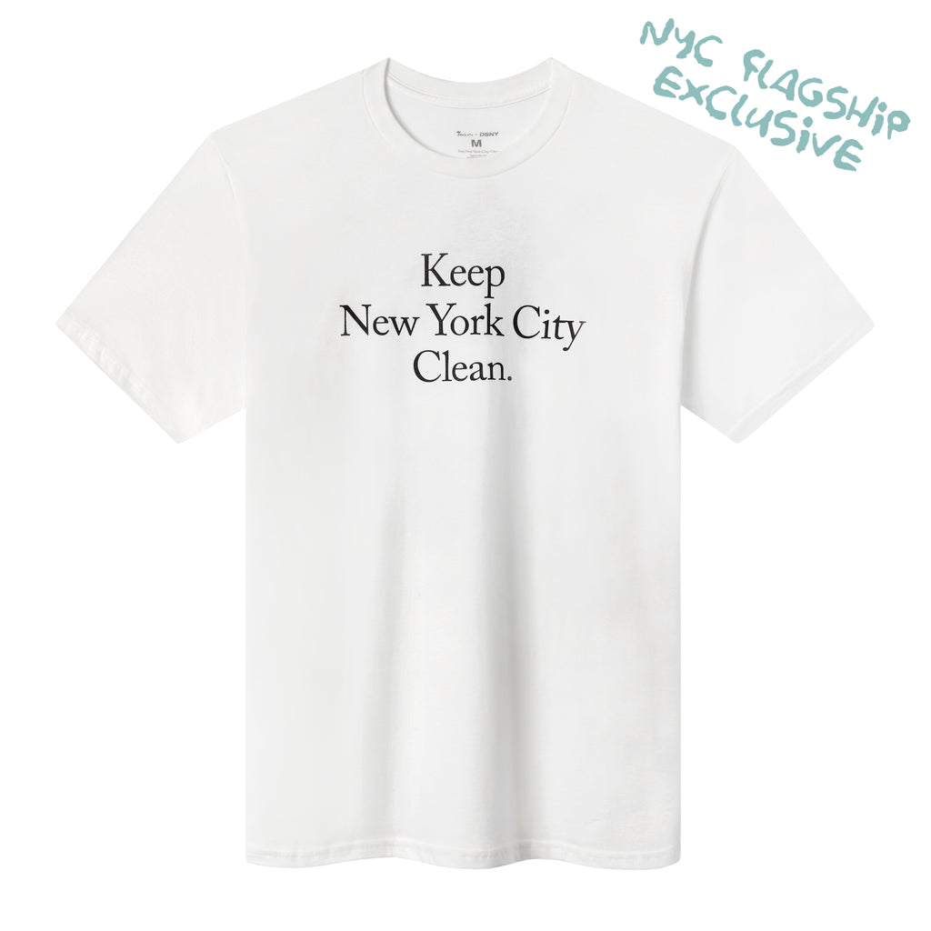 White Tombolo x DSNY tee shirt. NYC Flagship Exclusive tag in top right corner, Tee shirt reads Keep New York City Clean