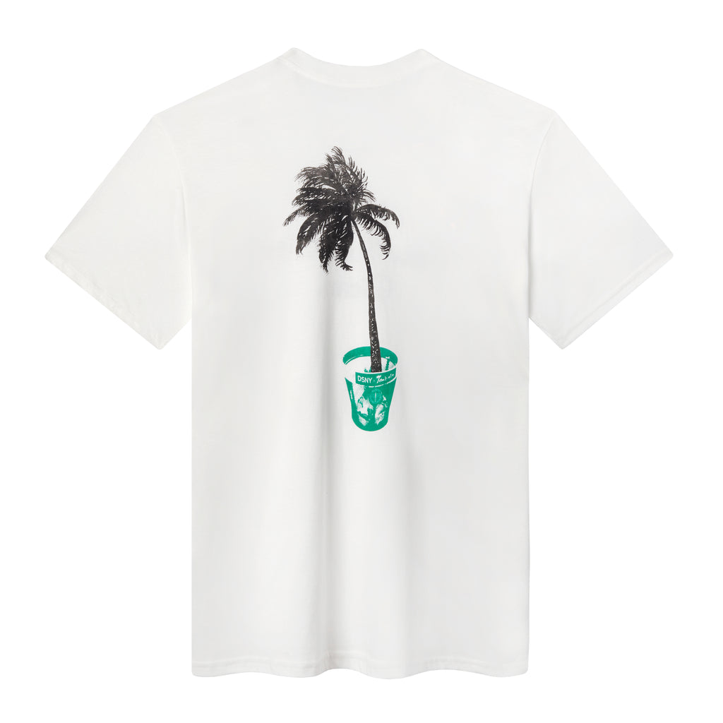 Back of White DSNY x Tombolo tee shirt that Features a graphic of a palm free in a trash can