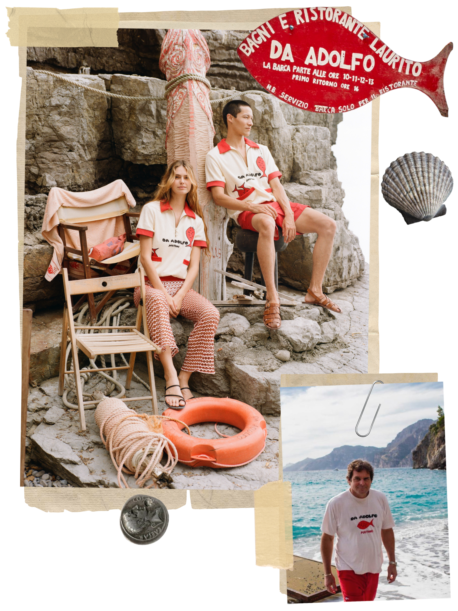 Collage of photos from Da adolfo including picture of models posing in Tombolo Da Adolfo cabana shirts and man in Da adolfo t shirt