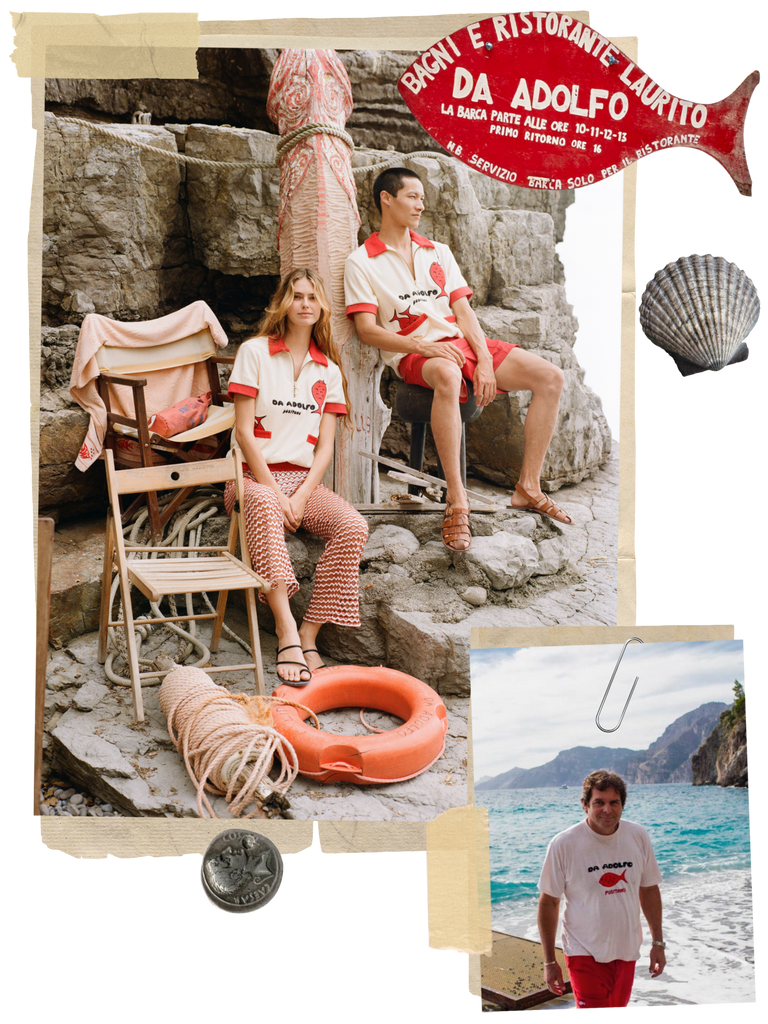Collage of photos from Da adolfo including picture of models posing in Tombolo Da Adolfo cabana shirts and man in Da adolfo t shirt