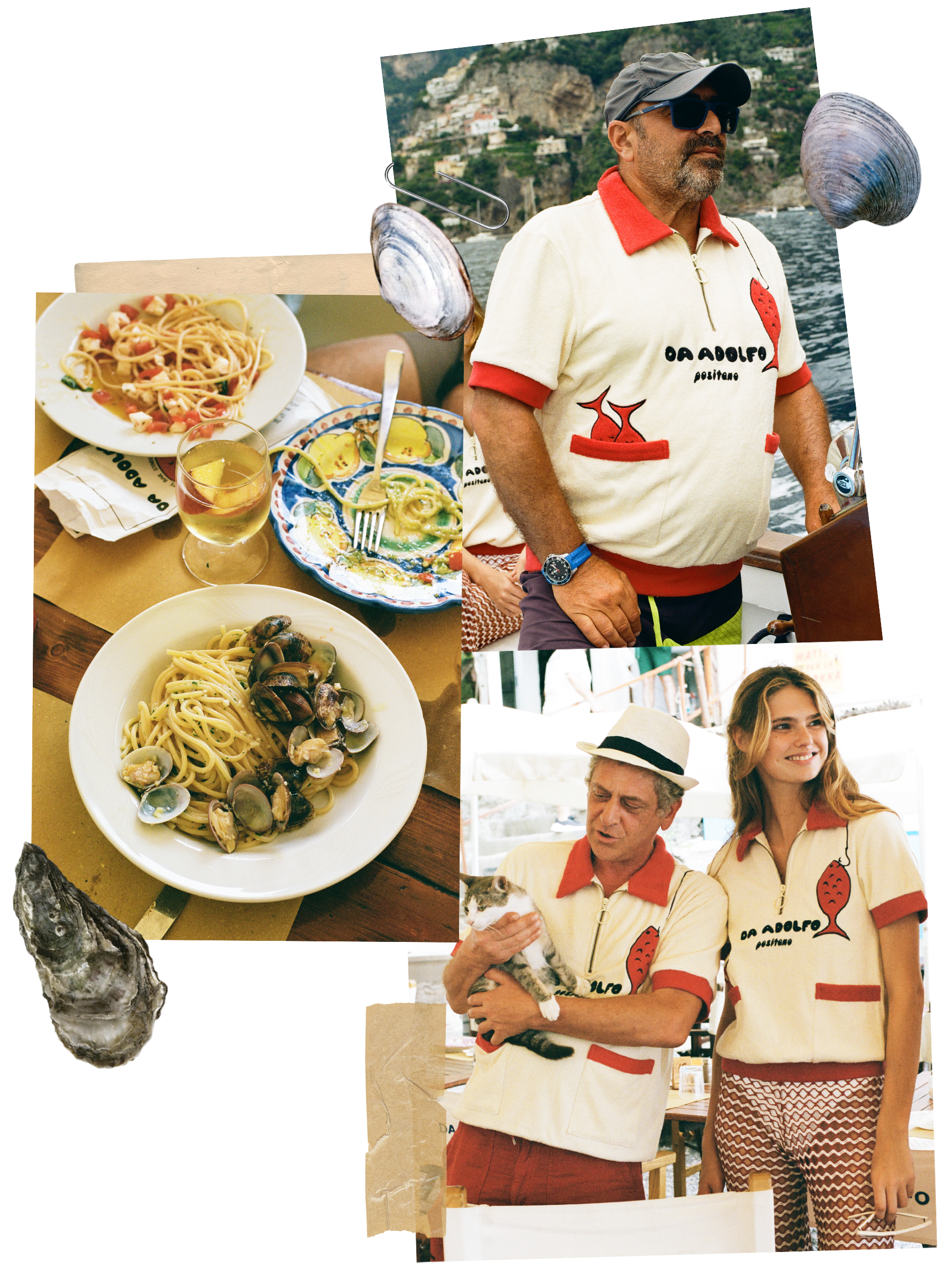 Collage of boat captain and models wearing Da Adolfo shirts and a close up of plates of spaghetti at the restaurant