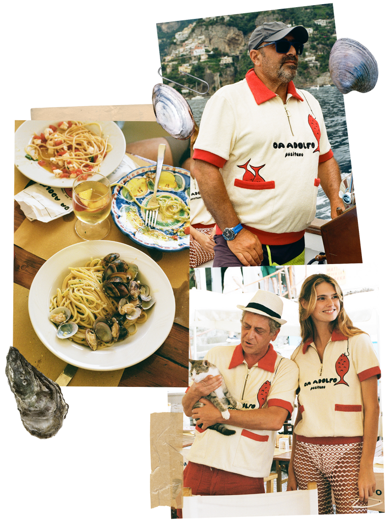 Collage of boat captain and models wearing Da Adolfo shirts and a close up of plates of spaghetti at the restaurant