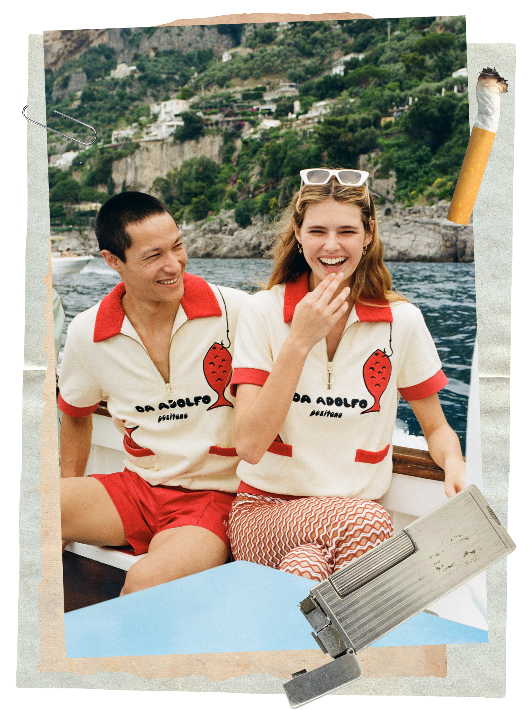 Man and woman laugh together while sitting on a speedboat wearing the Da Adolfo cabana shirts